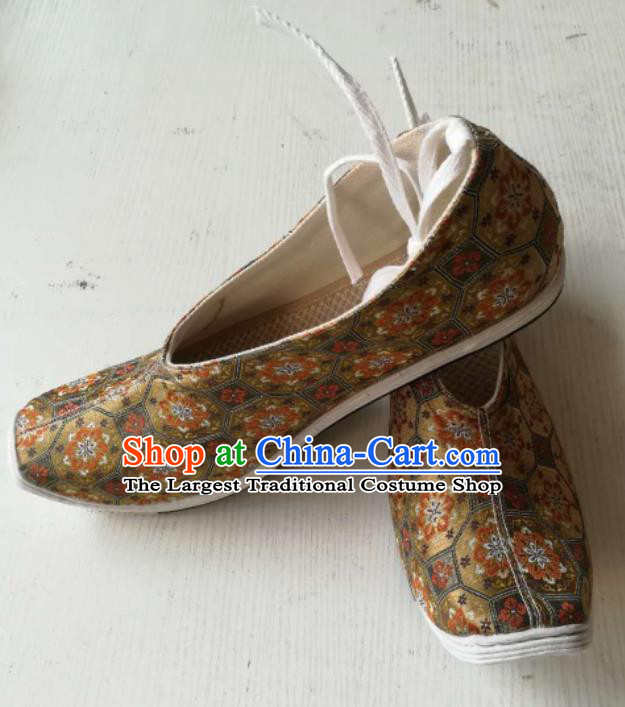 Asian Chinese Traditional Hanfu Shoes Ancient Song Dynasty Brown Brocade Shoes for Men
