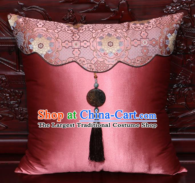 Chinese Classical Peony Pattern Jade Pendant Pink Brocade Square Cushion Cover Traditional Household Ornament