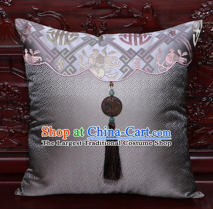 Chinese Classical Pomegranate Pattern Jade Pendant Grey Brocade Square Cushion Cover Traditional Household Ornament