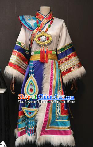 Asian Chinese Traditional Folk Dance Costume Mongolian Ethnic Dance White Dress for Women