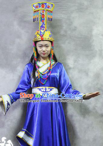 Asian Chinese Traditional Ethnic Costume Mongol Nationality Dance Blue Dress for Women
