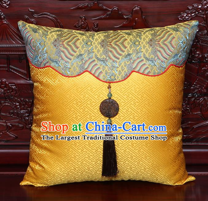 Chinese Classical Pattern Jade Pendant Golden Brocade Square Cushion Cover Traditional Household Ornament