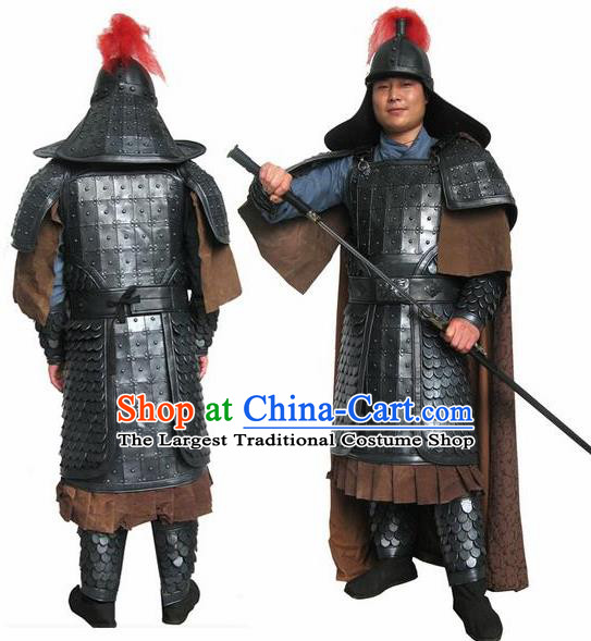 Chinese Ming Dynasty Drama Warrior Costume Ancient Soldier Body Armor and Helmet Complete Set