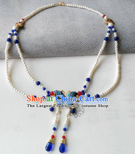 Chinese Ancient Palace Jewelry Accessories Traditional Classical Hanfu Blueing Butterfly Pearls Necklace for Women