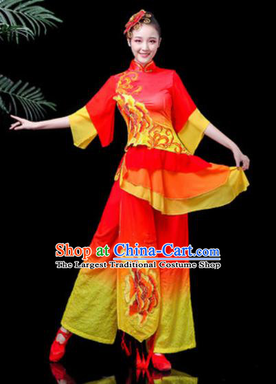 Traditional Chinese Stage Performance Costume Folk Dance Fan Dance Printing Peony Red Clothing for Women