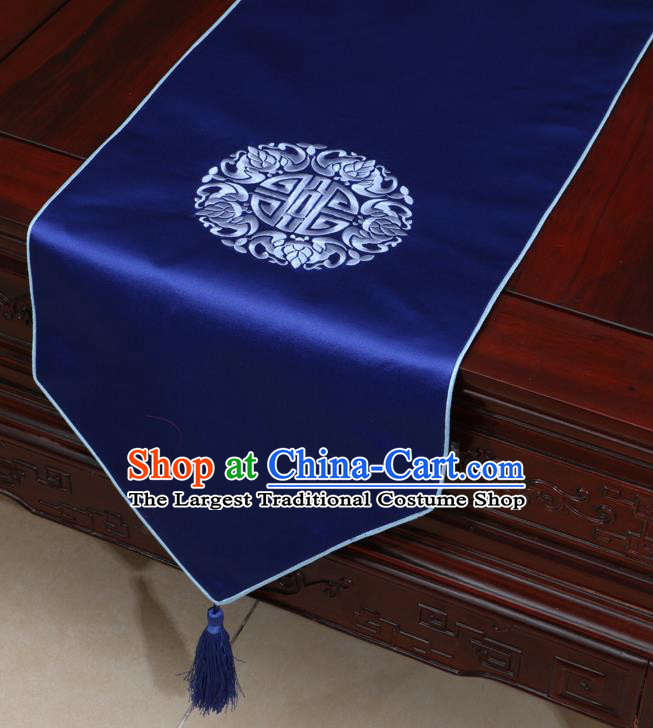Chinese Classical Embroidered Royalblue Brocade Table Flag Traditional Satin Household Ornament Table Cover
