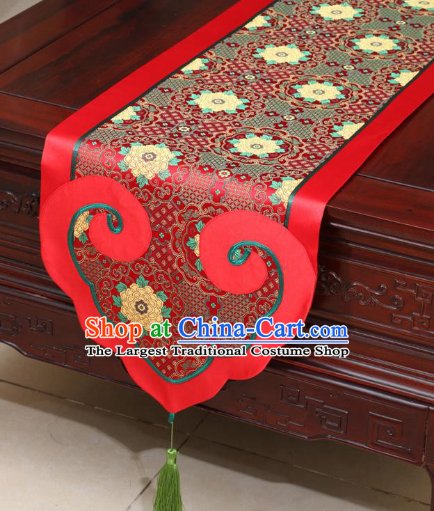 Chinese Classical Lotus Pattern Red Satin Table Flag Traditional Brocade Household Ornament Table Cover