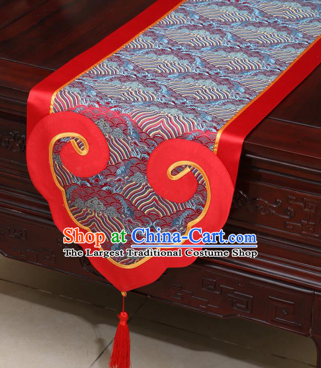 Chinese Classical Wave Pattern Red Satin Table Flag Traditional Brocade Household Ornament Table Cover