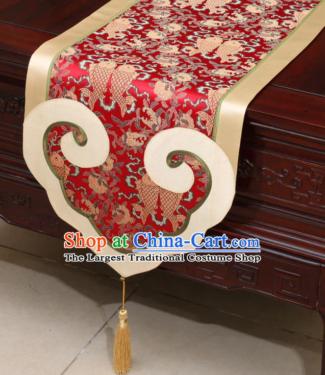 Chinese Classical Double Fishes Pattern Red Satin Table Flag Traditional Brocade Household Ornament Table Cover