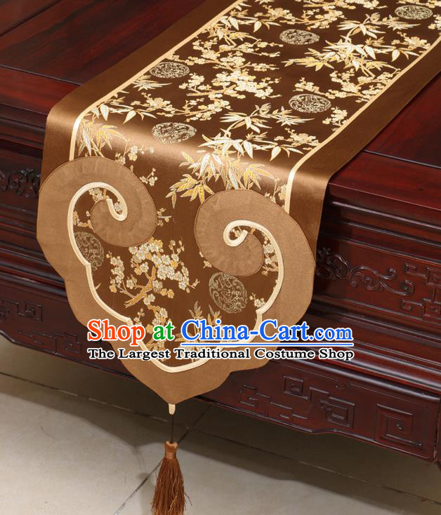 Chinese Classical Plum Blossom Bamboo Pattern Brown Satin Table Flag Traditional Brocade Household Ornament Table Cover