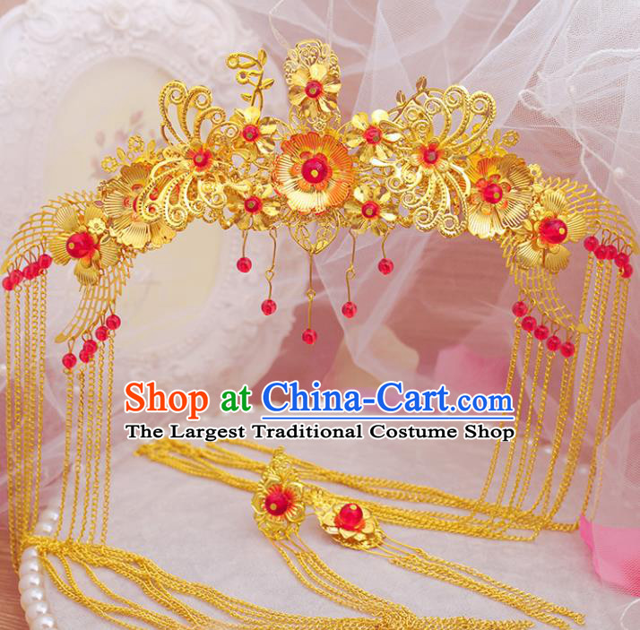 Chinese Ancient Bride Hair Accessories Traditional Classical Golden Crown Tassel Hairpins for Women