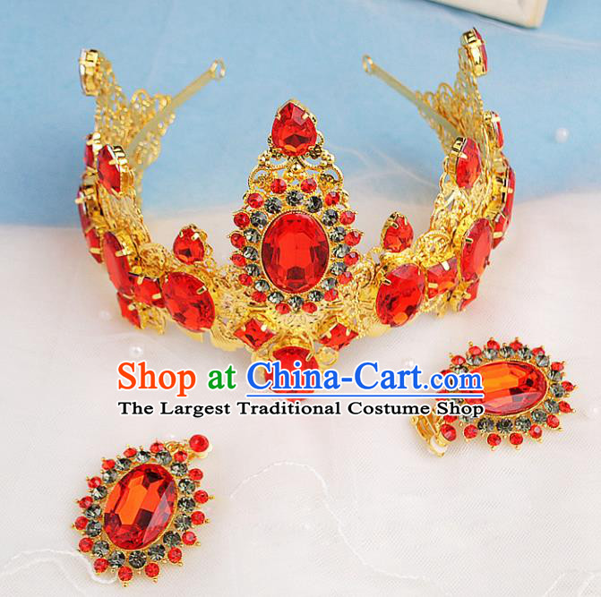 Top Grade Handmade Hair Accessories Classical Bride Red Gem Royal Crown and Earrings for Women