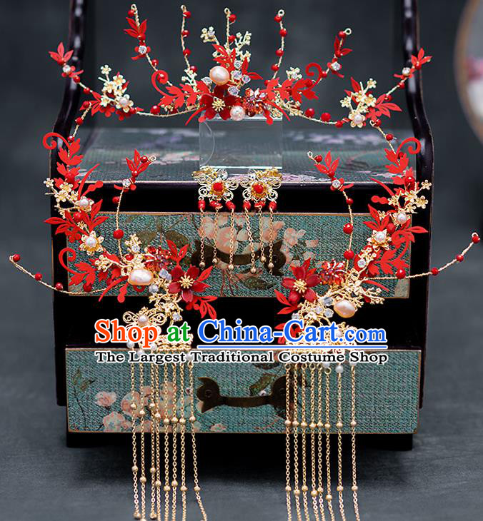 Chinese Ancient Hanfu Hair Accessories Traditional Wedding Red Leaf Hair Comb Hairpins for Women