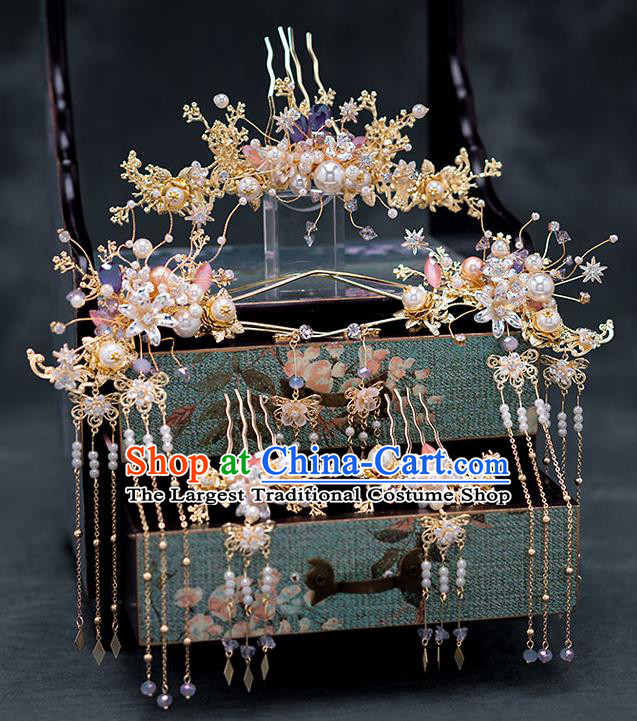 Chinese Ancient Wedding Hair Accessories Traditional Bride Hanfu Tassel Hairpins Hair Combs for Women