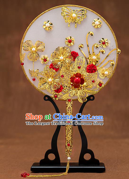 Chinese Ancient Bride Accessories Traditional Wedding Classical Golden Palace Fans for Women