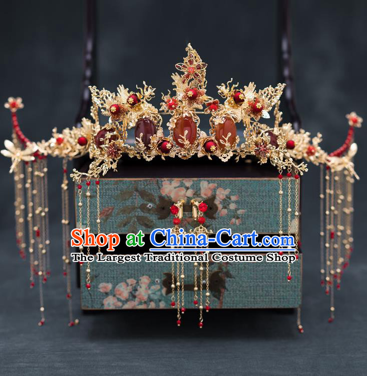 Chinese Ancient Bride Hair Accessories Wedding Agate Phoenix Coronet Traditional Hanfu Hairpins for Women