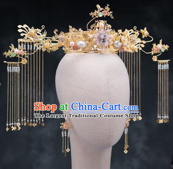 Chinese Ancient Bride Hair Accessories Traditional Wedding Phoenix Coronet Hanfu Tassel Hairpins for Women