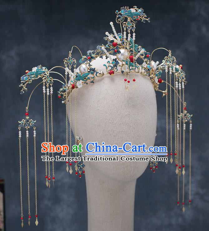 Chinese Ancient Wedding Blueing Cranes Phoenix Coronet Traditional Bride Palace Hair Accessories for Women