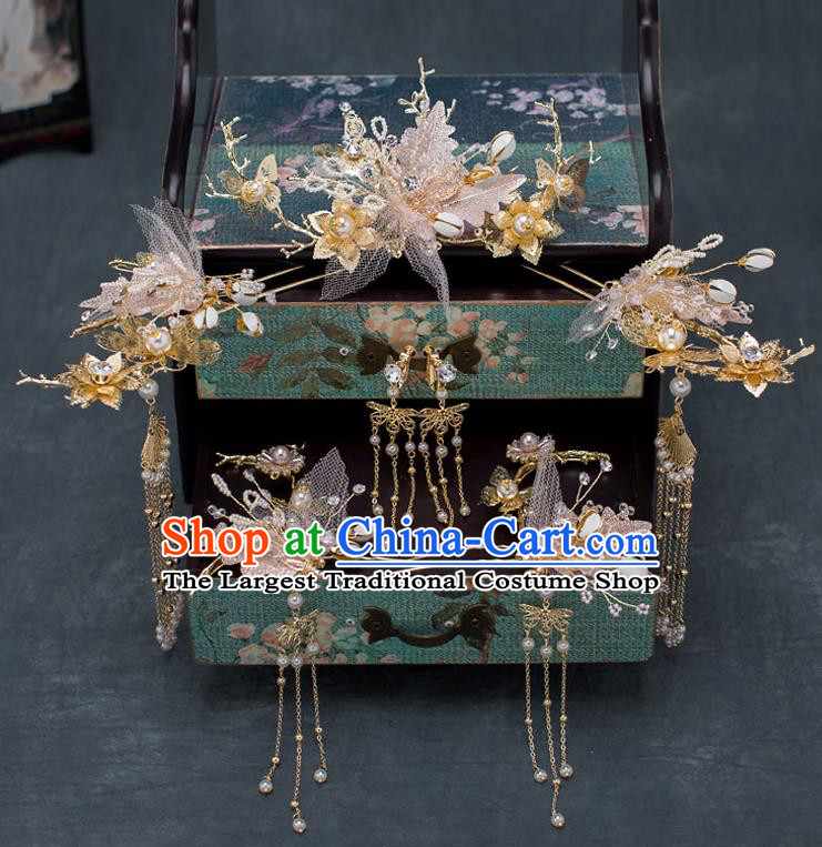 Chinese Ancient Wedding Pink Flowers Hairpins Traditional Bride Palace Hair Accessories for Women