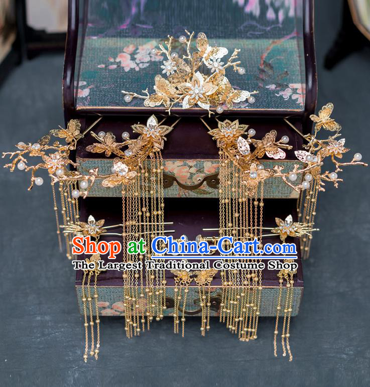 Chinese Ancient Wedding Golden Tassel Hairpins Traditional Bride Palace Hair Accessories for Women