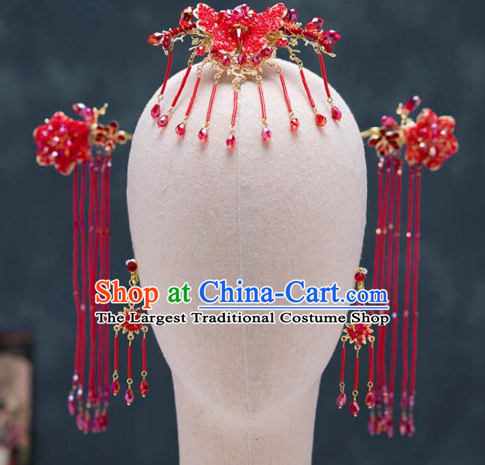 Chinese Ancient Palace Hair Accessories Tassel Hairpins Traditional Bride Red Butterfly Hair Clip for Women