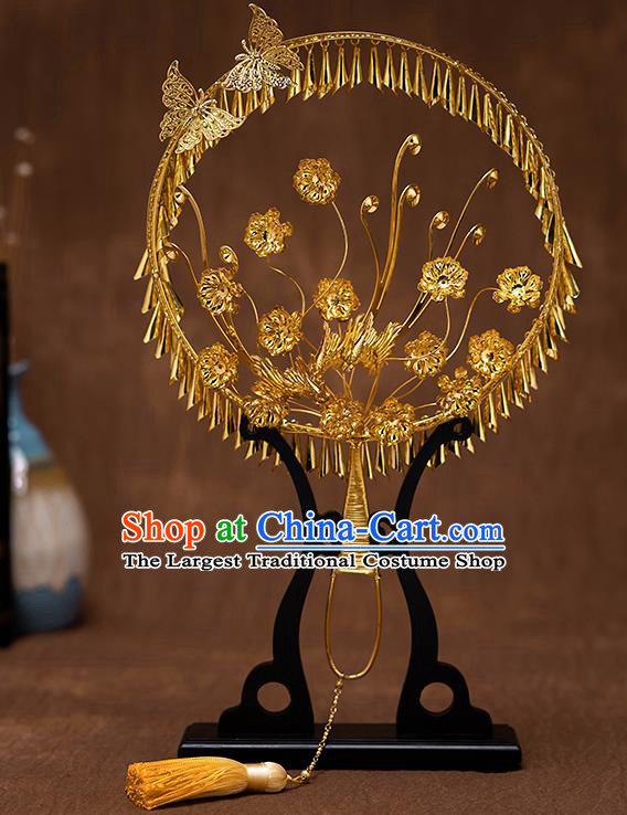 Chinese Traditional Wedding Golden Flowers Round Fans Classical Ancient Bride Palace Fans for Women