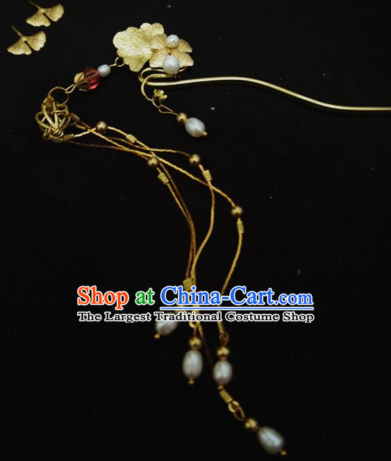 Chinese Ancient Hair Accessories Traditional Bride Hanfu Pearls Tassel Ginkgo Hairpins for Women