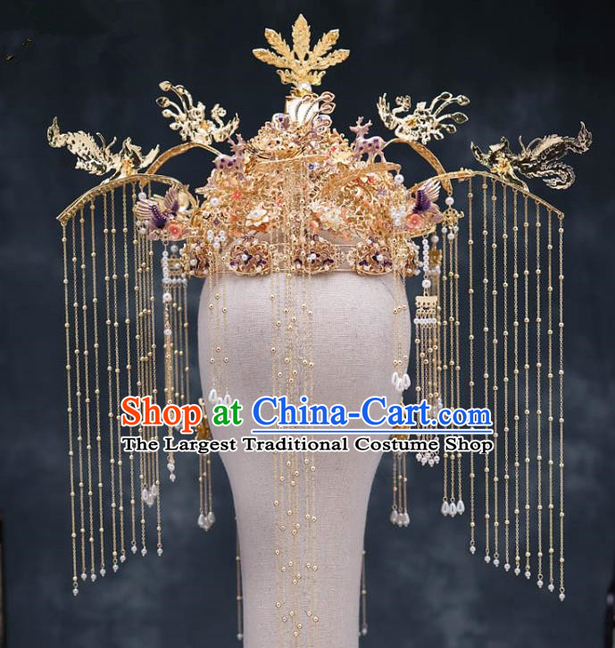 Chinese Ancient Bride Hair Accessories Traditional Wedding Cloisonne Purple Phoenix Coronet Hanfu Hairpins for Women