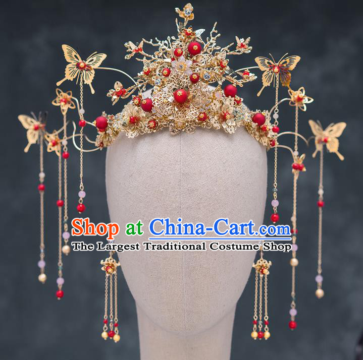 Chinese Ancient Bride Golden Phoenix Coronet Traditional Wedding Hair Accessories Hanfu Hairpins for Women