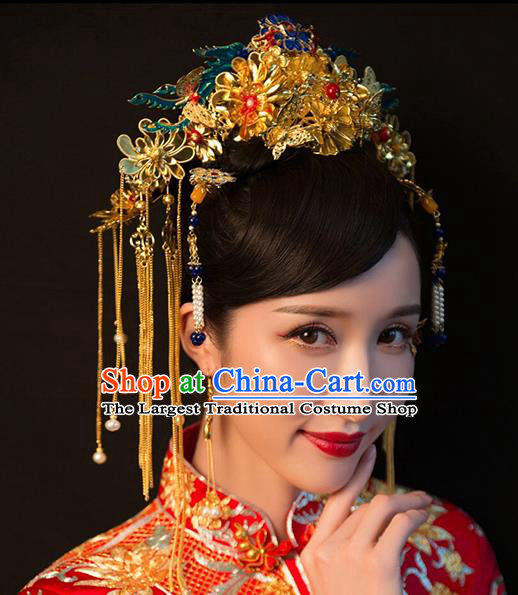 Chinese Ancient Queen Blueing Phoenix Coronet Traditional Wedding Hair Accessories Hairpins for Women
