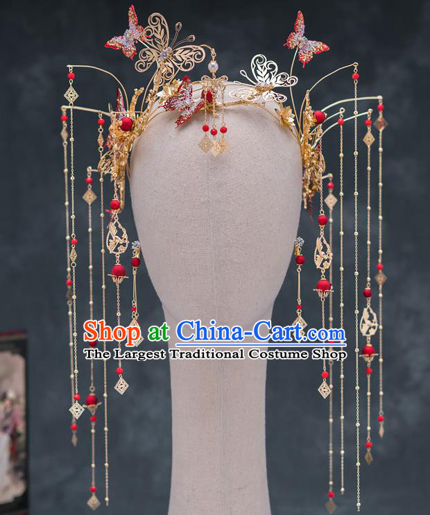 Chinese Ancient Bride Wedding Hairpins Traditional Red Butterfly Phoenix Coronet Hair Accessories for Women