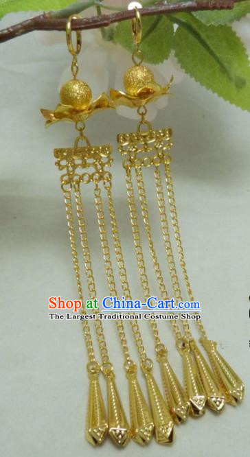 Chinese Ancient Princess Jewelry Accessories Traditional Hanfu Golden Long Tassel Earrings for Women