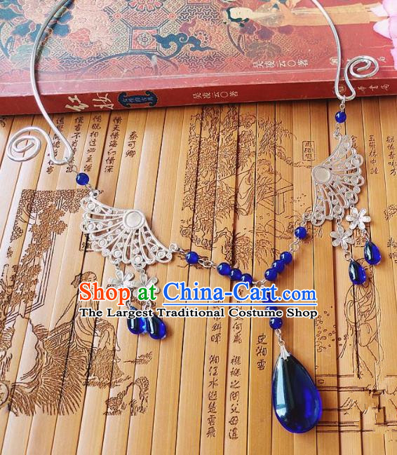 Chinese Ancient Bride Hanfu Accessories Traditional Palace Royalblue Crystal Necklace for Women