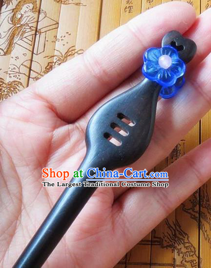 Chinese Ancient Princess Hair Accessories Traditional Hanfu Blue Flower Ebony Hairpins for Women