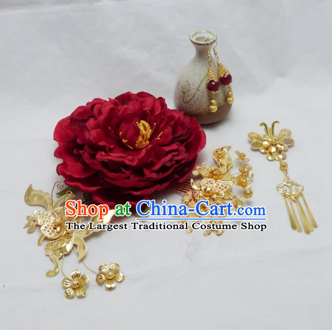 Chinese Ancient Hair Accessories Golden Hair Combs Traditional Palace Hairpins for Women