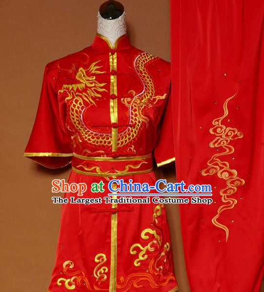 Top Kung Fu Group Competition Costume Martial Arts Wushu Training Embroidered Red Uniform for Men