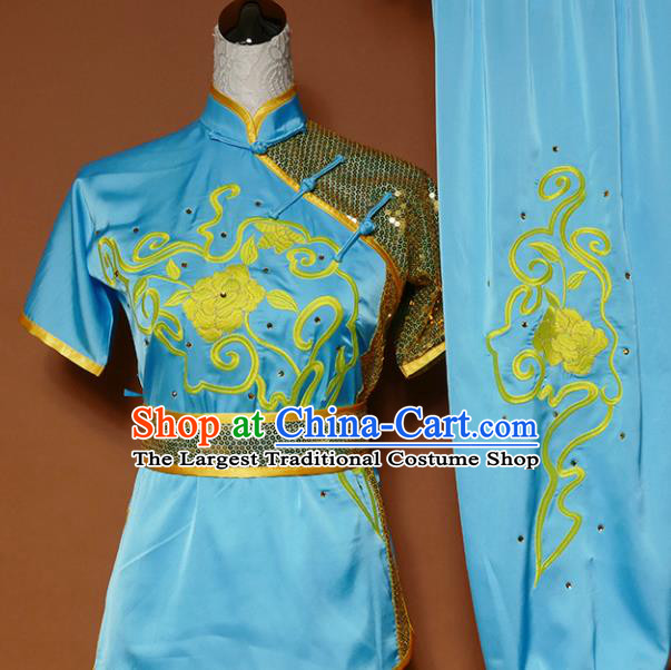 Top Group Kung Fu Costume Tai Ji Training Embroidered Blue Uniform Clothing for Women