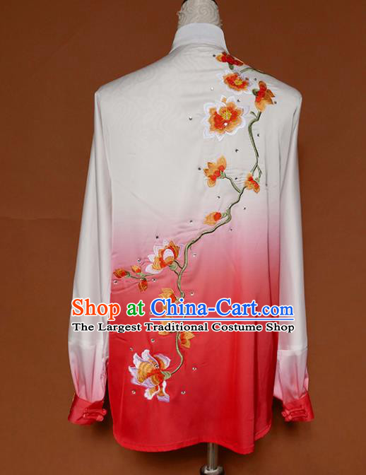 Top Grade Kung Fu Costume Martial Arts Training Tai Ji Embroidered Flowers Red Uniform for Adults