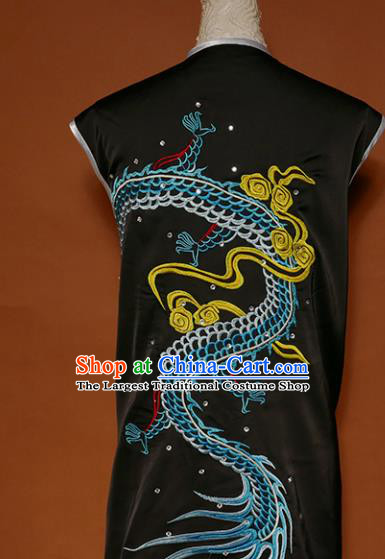 Top Kung Fu Group Competition Costume Martial Arts Wushu Embroidered Dragon Black Uniform for Men