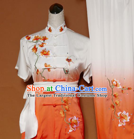 Top Group Kung Fu Costume Tai Ji Training Embroidered Magnolia Orange Uniform Clothing for Women