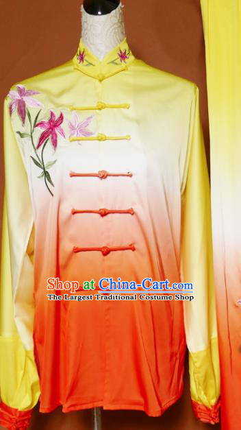 Top Tai Ji Training Embroidered Orchid Orange Uniform Kung Fu Group Competition Costume for Women
