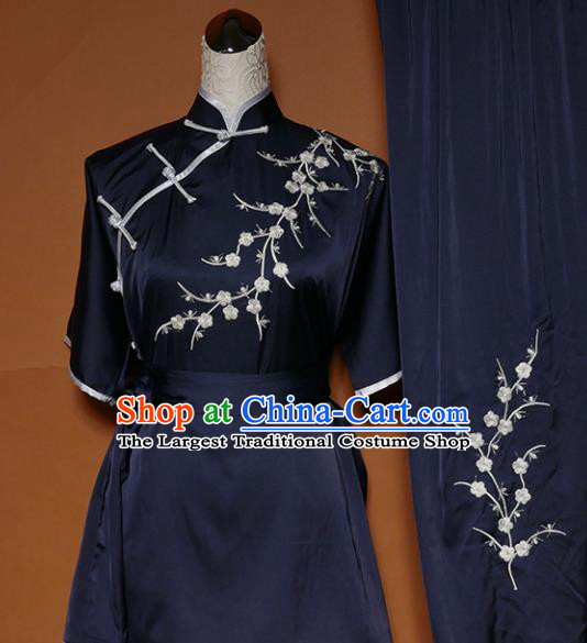 Chinese Traditional Tai Chi Embroidered Plum Blossom Navy Uniform Kung Fu Group Competition Costume for Women