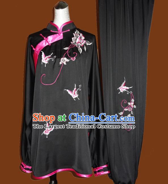 Chinese Traditional Tai Chi Embroidered Butterfly Black Uniform Kung Fu Group Competition Costume for Women