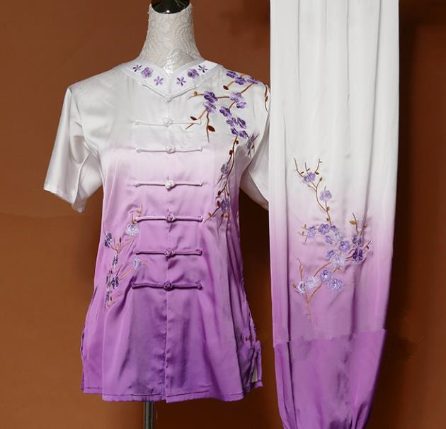 Chinese Traditional Tai Chi Embroidered Plum Blossom Purple Silk Uniform Kung Fu Group Competition Costume for Women