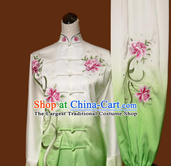 Chinese Traditional Tai Chi Embroidered Peony Green Uniform Kung Fu Group Competition Costume for Women