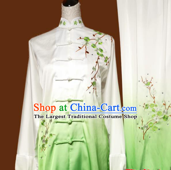 Chinese Traditional Tai Chi Embroidered Plum Blossom Green Uniform Kung Fu Group Competition Costume for Women