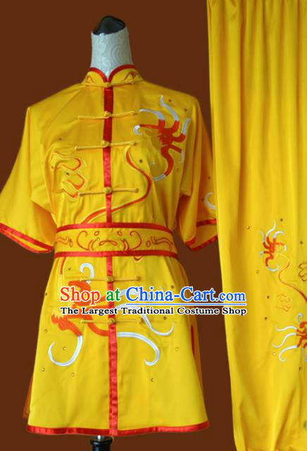 Top Grade Kung Fu Embroidered Yellow Costume Chinese Martial Arts Training Tai Ji Uniform for Adults