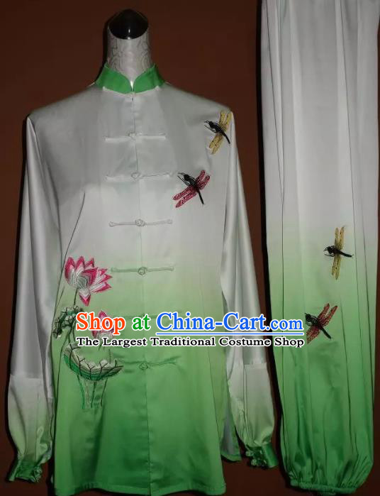 Top Grade Kung Fu Embroidered Lotus Green Costume Chinese Tai Chi Martial Arts Training Uniform for Adults