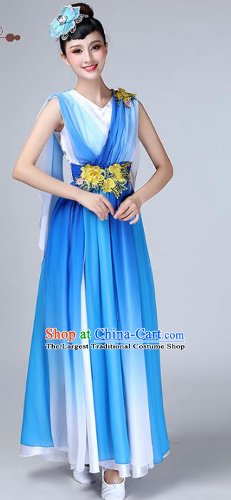 Chinese Traditional Stage Performance Chorus Costume Classical Dance Blue Veil Dress for Women