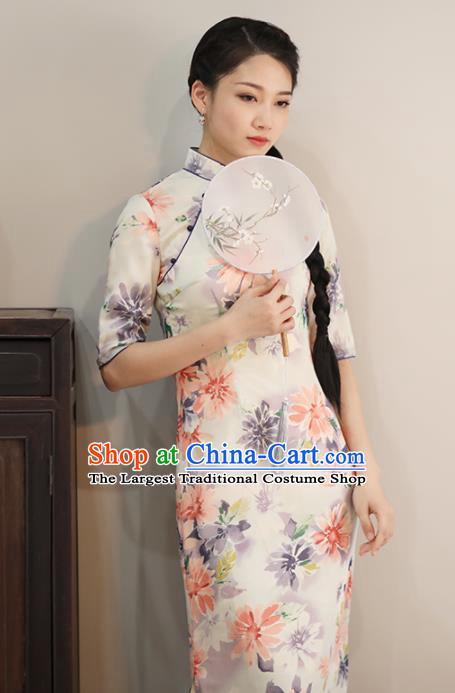 Chinese National Costume Traditional Classical Cheongsam Printing Flowers Qipao Dress for Women